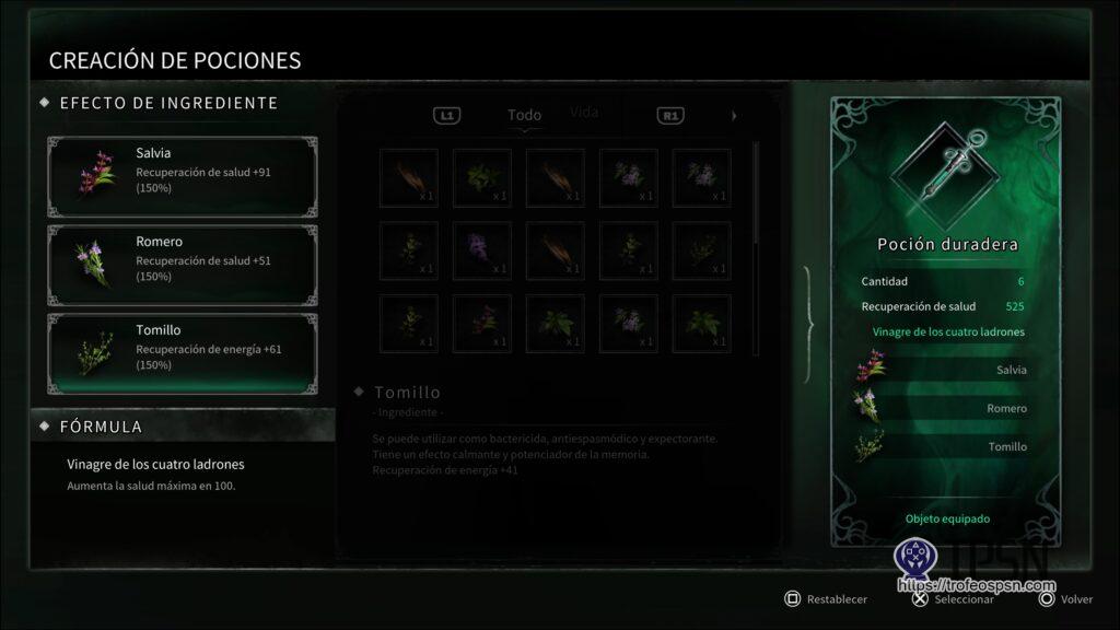 5 - Poción - Vinagre de los cuatro ladrones - Aumenta la salud máxima en 100 - Thymesia